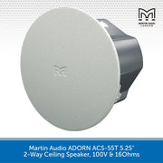 Martin Audio ADORN ACS-55T 5.25" 2-Way Ceiling Speaker in white with a dark gray mounting base, shown on a white background with a blue text banner at the bottom.