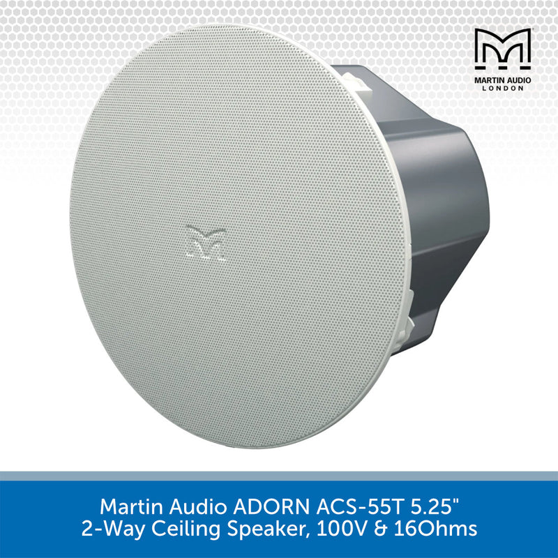 Martin Audio ADORN ACS-55T 5.25" 2-Way Ceiling Speaker in white with a dark gray mounting base, shown on a white background with a blue text banner at the bottom.