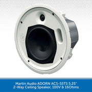 Martin Audio ADORN ACS-55TS 5.25" 2-Way Ceiling Speaker, 100V & 160Ohms, shown from a front-three-quarter angle against a white background with a blue text banner at the bottom.