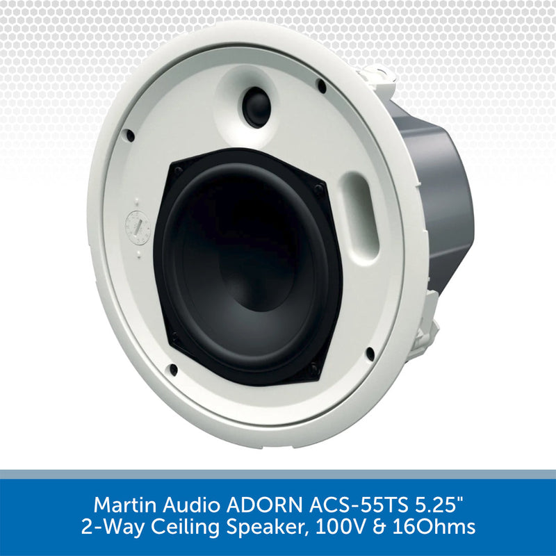 Martin Audio ADORN ACS-55TS 5.25" 2-Way Ceiling Speaker, 100V & 160Ohms, shown from a front-three-quarter angle against a white background with a blue text banner at the bottom.