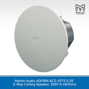 Martin Audio ADORN ACS-55TS 5.25" 2-Way Ceiling Speaker in white, shown from a three-quarters angle with its mounting bracket visible.
