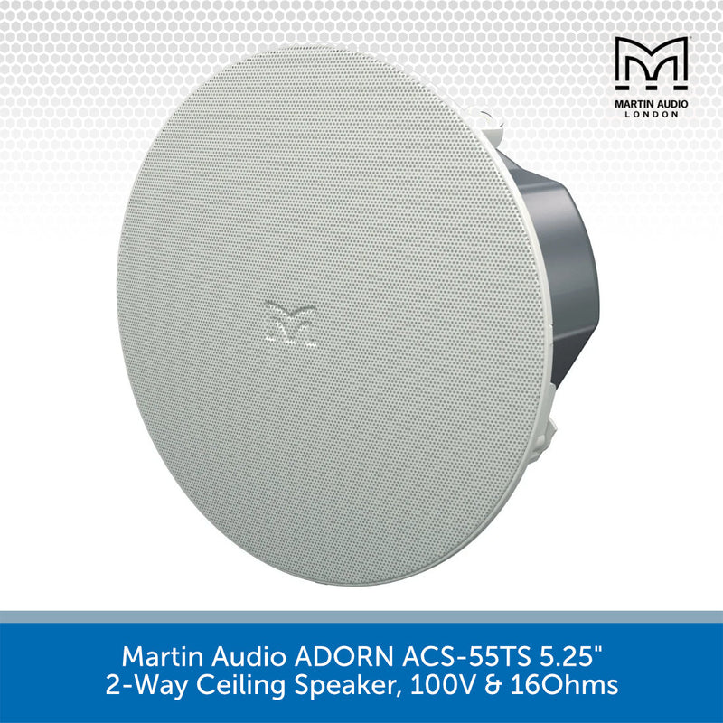 Martin Audio ADORN ACS-55TS 5.25" 2-Way Ceiling Speaker in white, shown from a three-quarters angle with its mounting bracket visible.