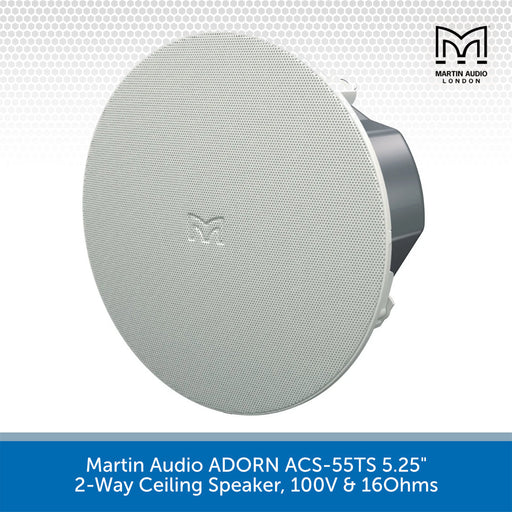 Martin Audio ADORN ACS-55TS 5.25" 2-Way Ceiling Speaker in white, shown from a three-quarters angle with its mounting bracket visible.