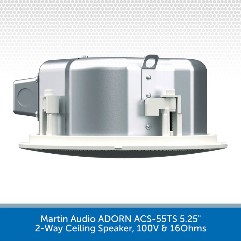 Martin Audio ADORN ACS-55TS 5.25" 2-Way Ceiling Speaker shown from the rear, featuring a silver metal housing, white mounting brackets, and a circular white base, set against a white patterned background with a blue text banner at the bottom.