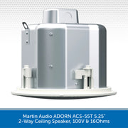 Martin Audio ADORN ACS-55T 5.25" 2-Way Ceiling Speaker, 100V & 16Ohms, shown from a side angle on a white background with a blue text banner at the bottom.
