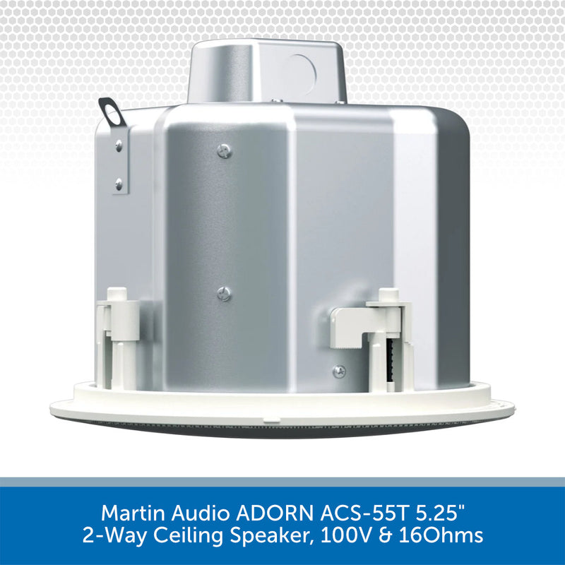Martin Audio ADORN ACS-55T 5.25" 2-Way Ceiling Speaker, 100V & 16Ohms, shown from a side angle on a white background with a blue text banner at the bottom.