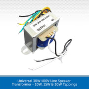 Universal 30W 100V line speaker transformer with 10W, 15W, and 30W tappings, featuring a silver metal housing, blue internal core, and multicolored wire leads on a white background with a blue text banner at the bottom.