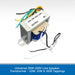 Universal 30W 100V line speaker transformer with 10W, 15W, and 30W tappings, featuring a silver metal housing, blue internal core, and multicolored wire leads on a white background with a blue text banner at the bottom.