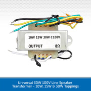 A 10W-30W universal line speaker transformer with a silver metal core, white label, and multicolored wire terminals (black, yellow, green, orange, white), shown on a white background with a blue text banner at the bottom.