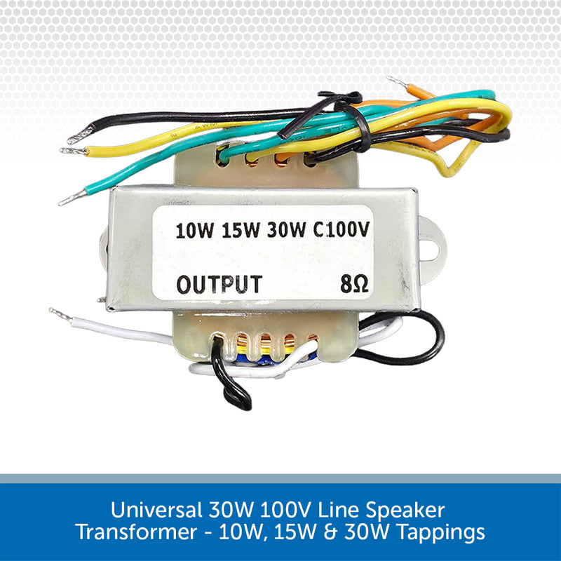 A 10W-30W universal line speaker transformer with a silver metal core, white label, and multicolored wire terminals (black, yellow, green, orange, white), shown on a white background with a blue text banner at the bottom.