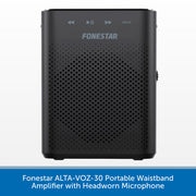 A black portable audio amplifier by Fonestar, shown from the front against a white background with a blue text banner at the bottom. The device features a perforated speaker grille, control icons, and the Fonestar logo.