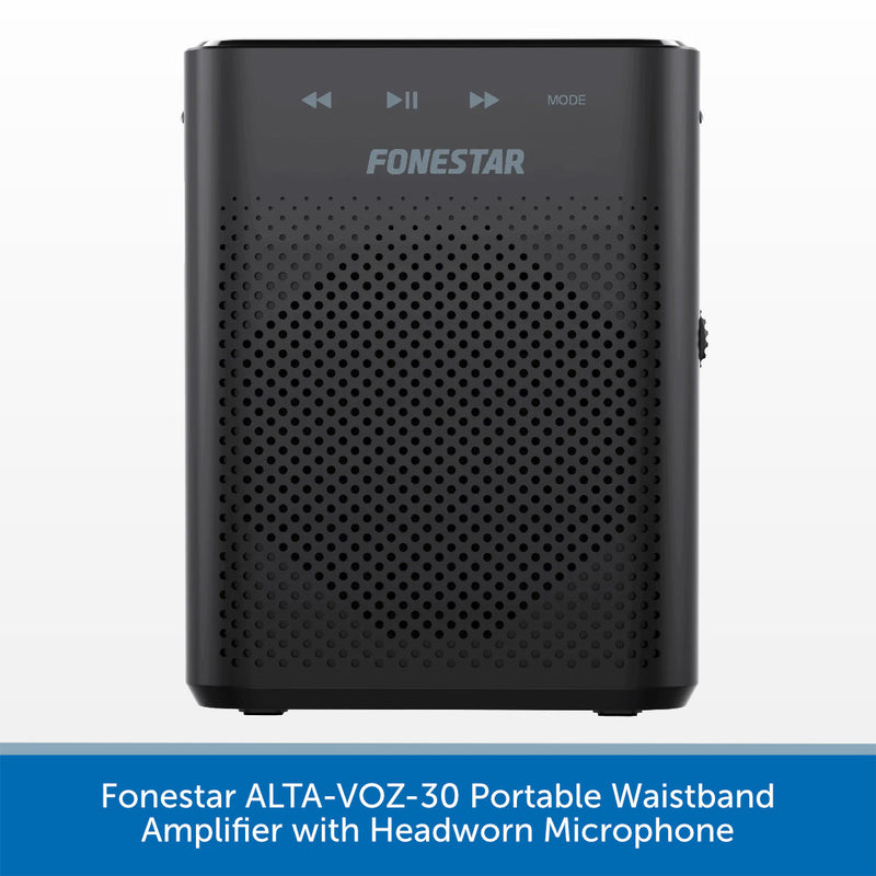 A black portable audio amplifier by Fonestar, shown from the front against a white background with a blue text banner at the bottom. The device features a perforated speaker grille, control icons, and the Fonestar logo.