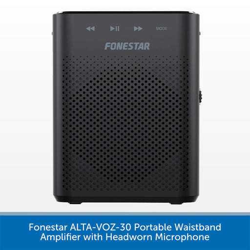A black portable audio amplifier by Fonestar, shown from the front against a white background with a blue text banner at the bottom. The device features a perforated speaker grille, control icons, and the Fonestar logo.