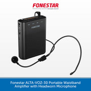 A black portable waistband amplifier with an attached headworn microphone, shown on a white background with the red and blue Fonestar branding and product title text.