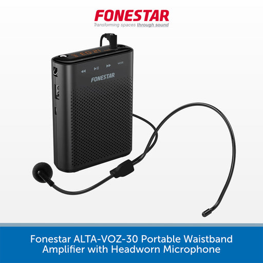 A black portable waistband amplifier with an attached headworn microphone, shown on a white background with the red and blue Fonestar branding and product title text.