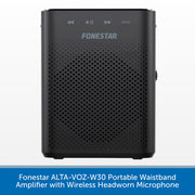 A black portable waistband amplifier by Fonestar, featuring a perforated front grille, control icons, and the Fonestar logo on a white background, with a blue text banner at the bottom.