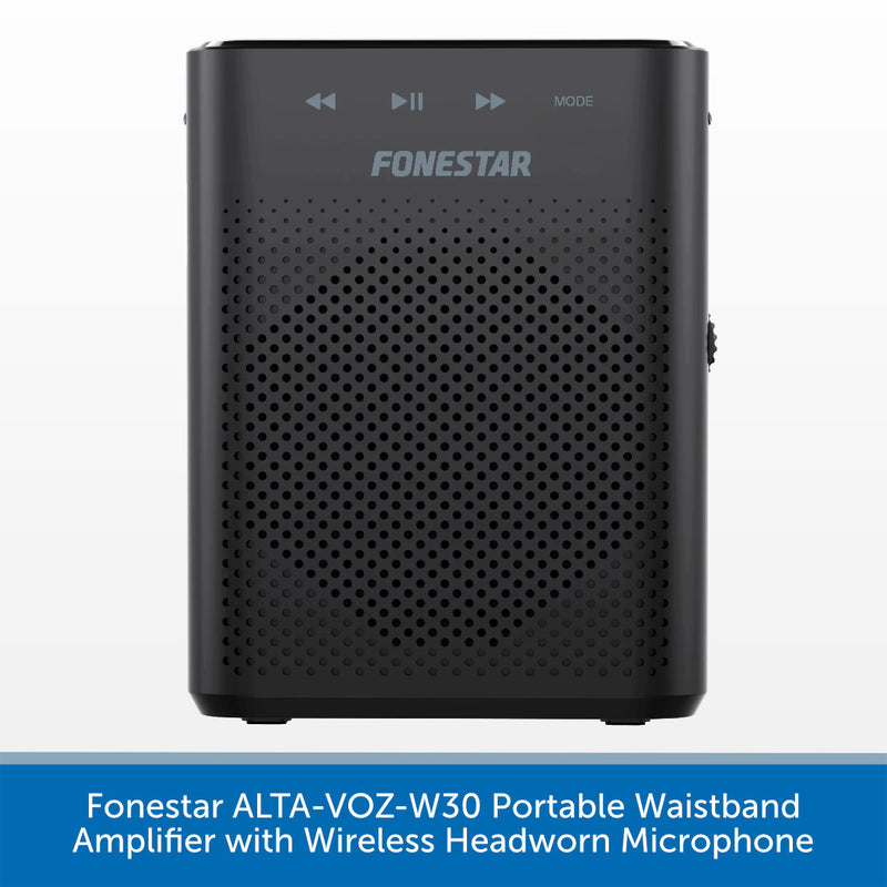 A black portable waistband amplifier by Fonestar, featuring a perforated front grille, control icons, and the Fonestar logo on a white background, with a blue text banner at the bottom.