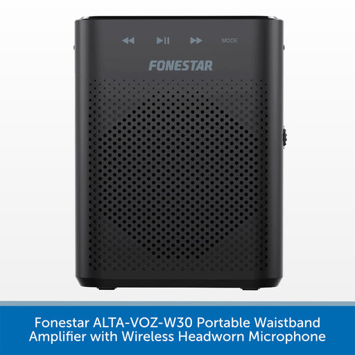 A black portable waistband amplifier by Fonestar, featuring a perforated front grille, control icons, and the Fonestar logo on a white background, with a blue text banner at the bottom.