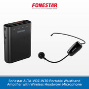 A black Fonestar portable waistband amplifier and wireless headworn microphone shown on a white background with the Fonestar logo at the top and a blue text banner at the bottom.