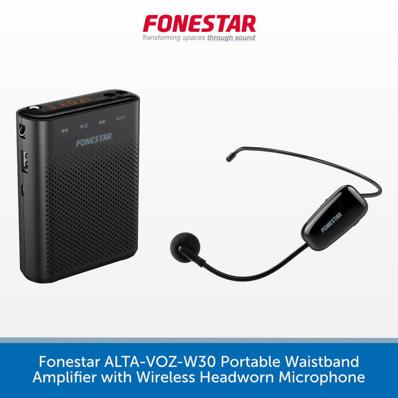 A black Fonestar portable waistband amplifier and wireless headworn microphone shown on a white background with the Fonestar logo at the top and a blue text banner at the bottom.