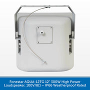 A 12-inch high-power waterproof marine loudspeaker by Fonestar, shown from the back with its mounting bracket and power cable. The product is white with a silver metal bracket and a white power cord, set against a light gray background with a blue text banner at the bottom.