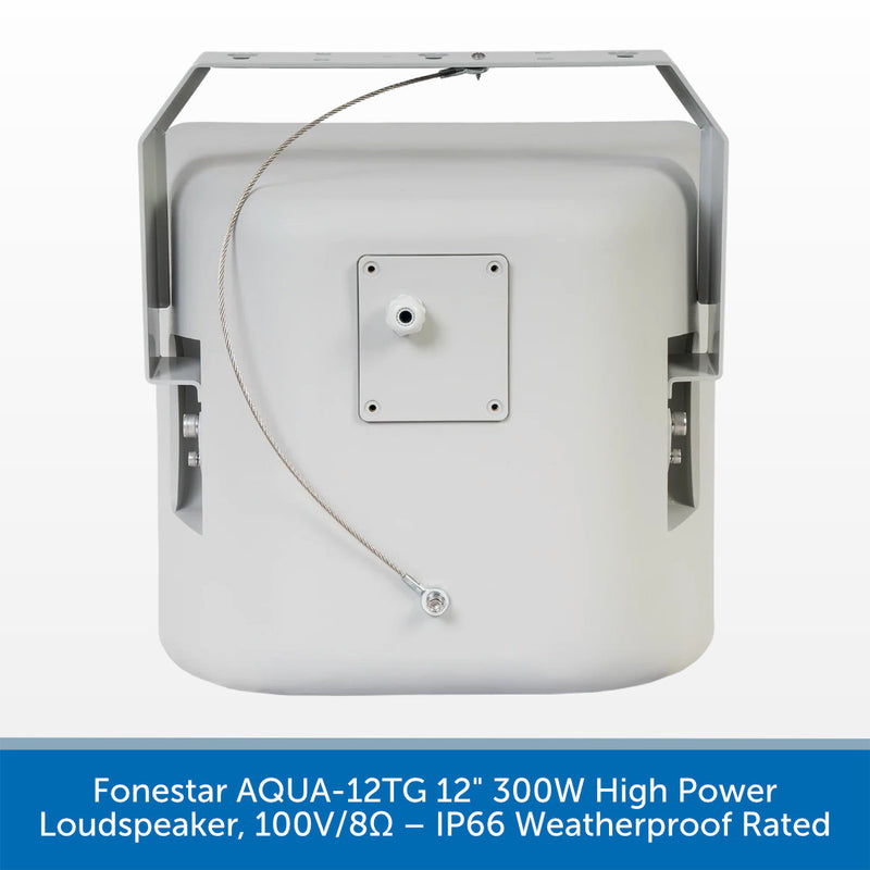 A 12-inch high-power waterproof marine loudspeaker by Fonestar, shown from the back with its mounting bracket and power cable. The product is white with a silver metal bracket and a white power cord, set against a light gray background with a blue text banner at the bottom.
