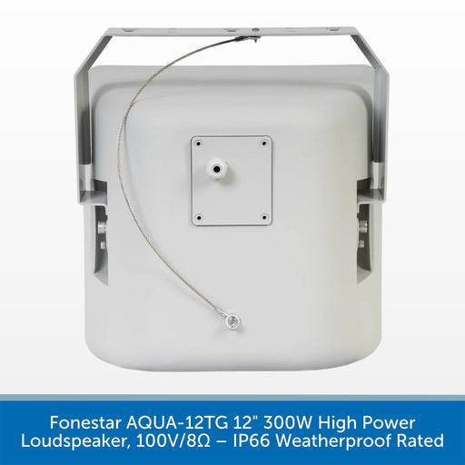A 12-inch high-power waterproof marine loudspeaker by Fonestar, shown from the back with its mounting bracket and power cable. The product is white with a silver metal bracket and a white power cord, set against a light gray background with a blue text banner at the bottom.