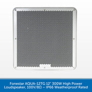 A square metal speaker grille with rounded corners and a silver border, shown against a white background with a blue text banner at the bottom describing the product as a 12-inch 300W high power loudspeaker by Fonestar.
