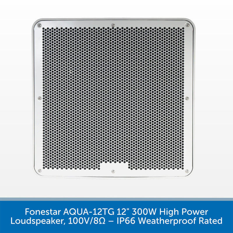 A square metal speaker grille with rounded corners and a silver border, shown against a white background with a blue text banner at the bottom describing the product as a 12-inch 300W high power loudspeaker by Fonestar.