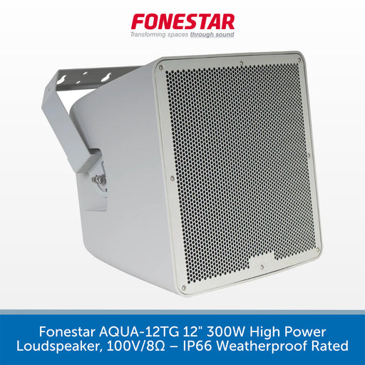 A white square wall-mounted loudspeaker with a perforated metal front grille and side bracket, shown on a white background with the red Fonestar logo at the top and a blue text banner at the bottom.