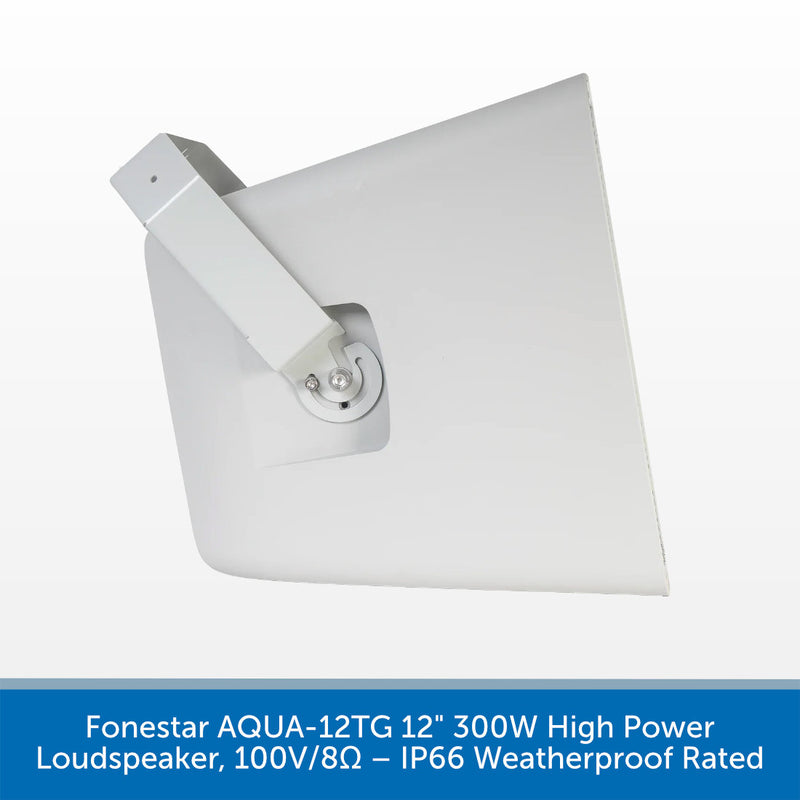 A white square wall-mounting speaker with a bracket, shown on a white background with a blue text banner at the bottom.