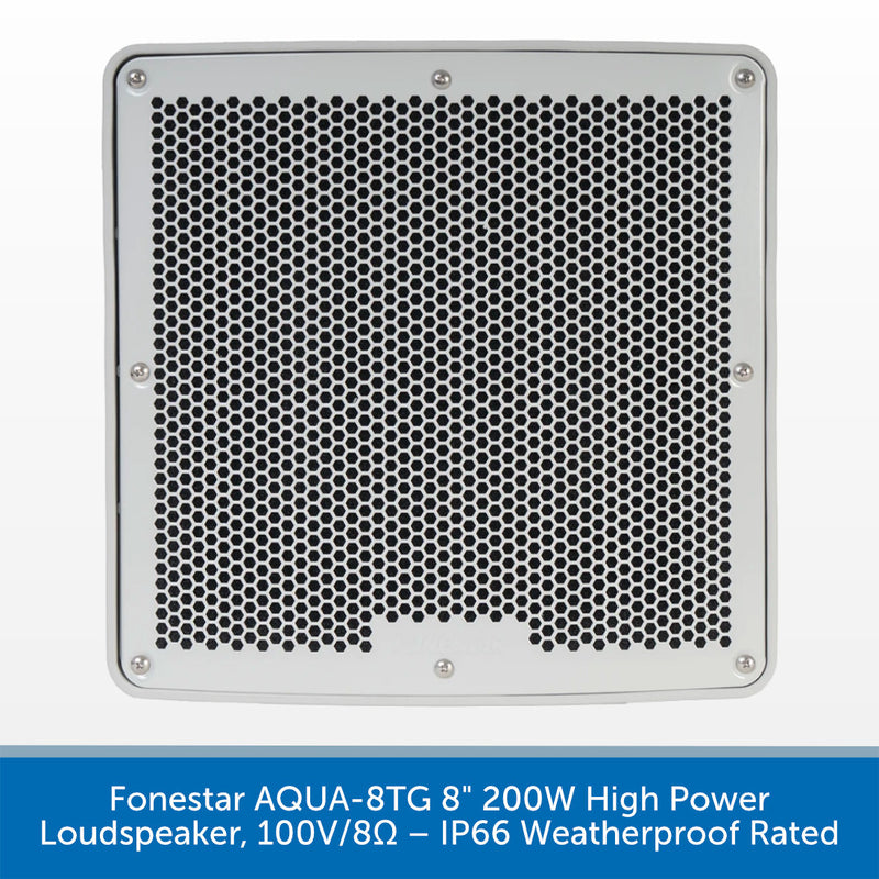 A square silver metal loudspeaker grille with a black honeycomb pattern, shown against a white background with a blue text banner at the bottom.