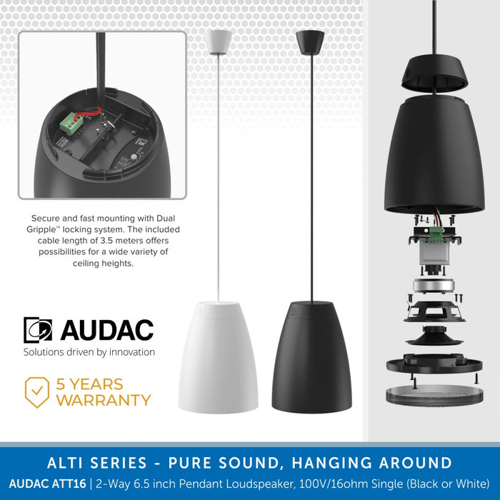 AUDAC ALTI6 2-Way 6.5 inch Pendant Loudspeaker, 100V/16 Ohm, Single (Black or White)