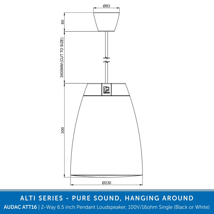 AUDAC ALTI6 2-Way 6.5 inch Pendant Loudspeaker, 100V/16 Ohm, Single (Black or White)