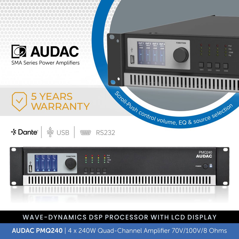 AUDAC PMQ240 - WaveDynamics™ 4 x 240W Quad-Channel Power Amplifier 70V/100V/8 Ohms