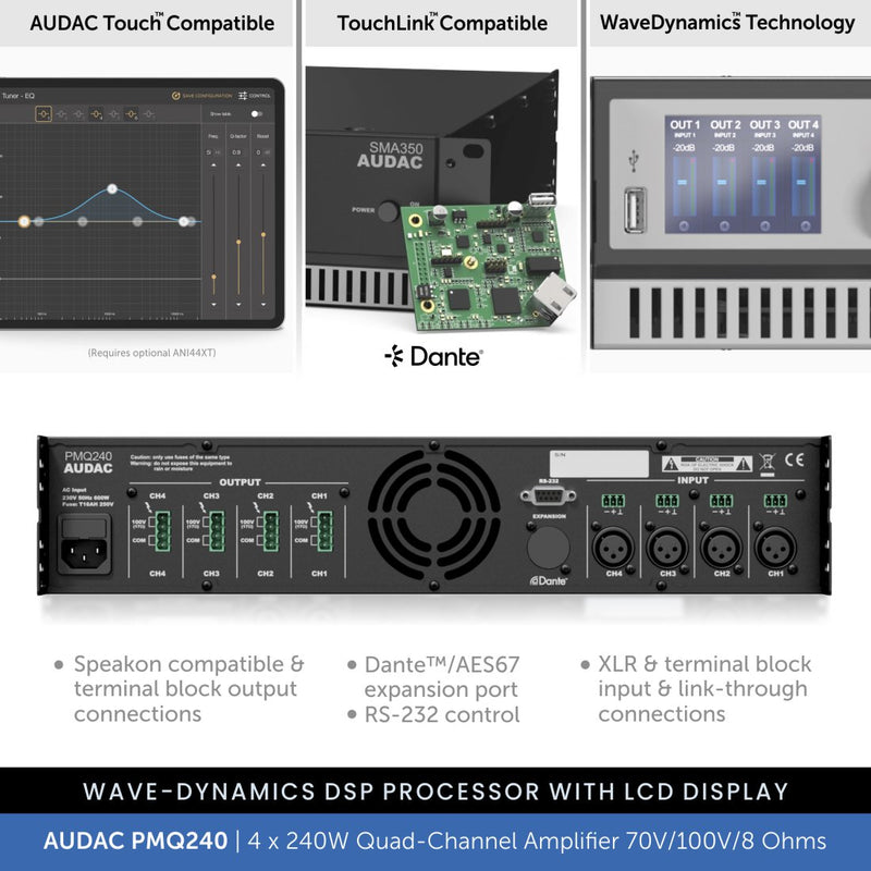AUDAC PMQ240 - WaveDynamics™ 4 x 240W Quad-Channel Power Amplifier 70V/100V/8 Ohms
