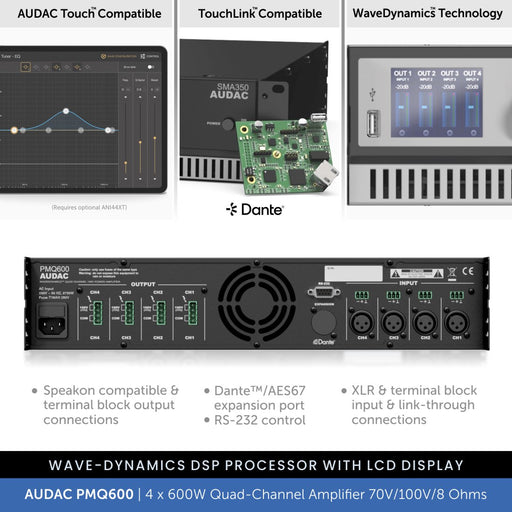 AUDAC PMQ600 - WaveDynamics™ 4 x 600W Quad-Channel Power Amplifier 70V/100V/8 Ohms
