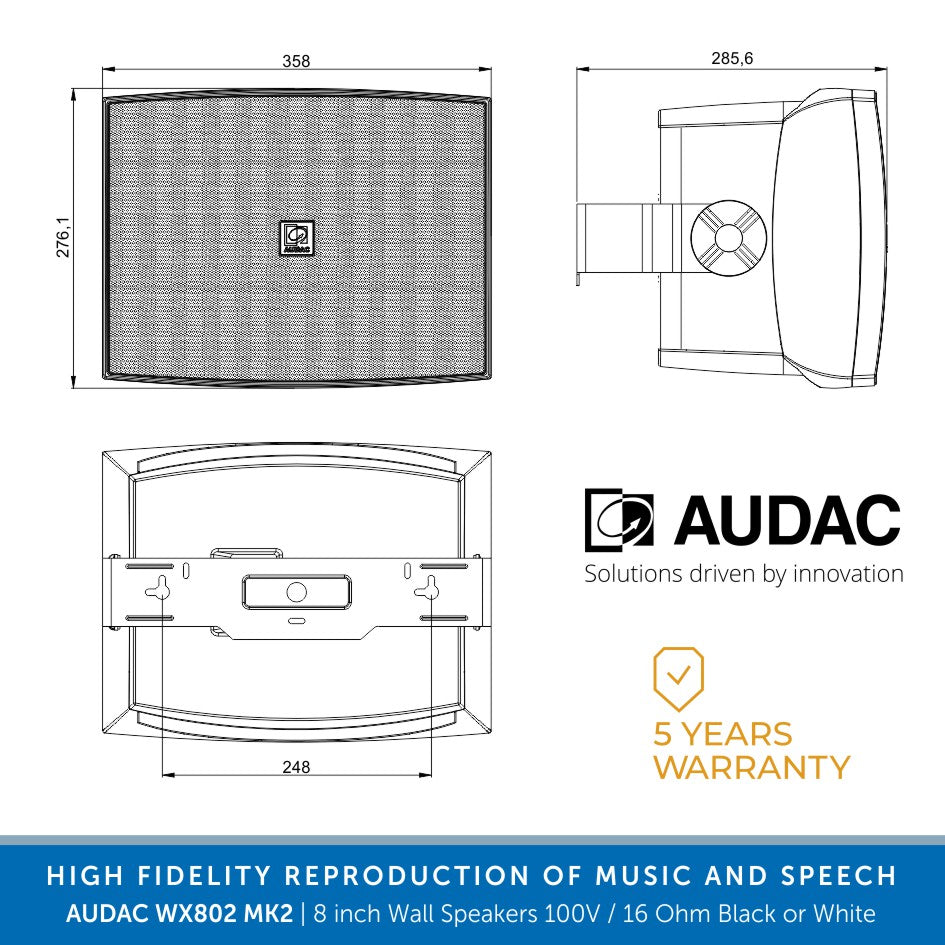 AUDAC WX802 MK2 8-inch Wall Speakers 100V or 16 Ohm, Pair | Audio Volt