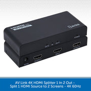 A black AV:Link 4K HDMI splitter shown from two angles, with front and back views, on a white patterned background with a blue text banner at the bottom.