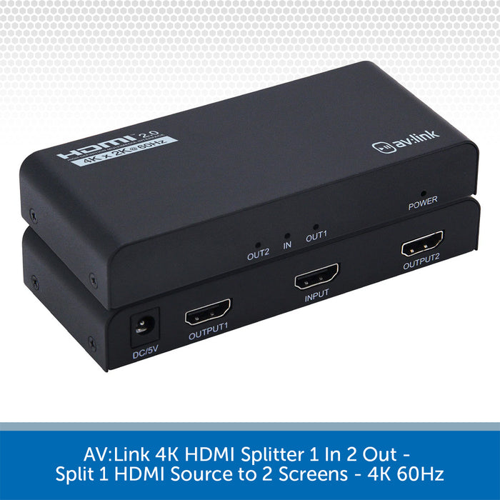 A black AV:Link 4K HDMI splitter shown from two angles, with front and back views, on a white patterned background with a blue text banner at the bottom.