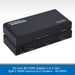 A black AV:Link 4K HDMI splitter shown from two angles, with front and back views, on a white patterned background with a blue text banner at the bottom.