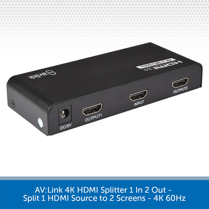 AV:Link 4K HDMI splitter 1 in 2 out, shown as a black rectangular electronic device with DC/5V input, OUTPUT1, INPUT, and OUTPUT2 ports, on a white patterned background with a blue text banner at the bottom.