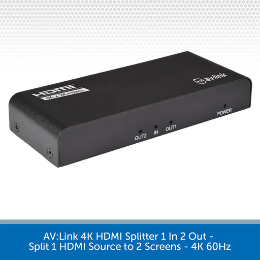 AV-Link 4K HDMI splitter box shown at an angle on a white background with a gray patterned header and a blue text banner at the bottom.