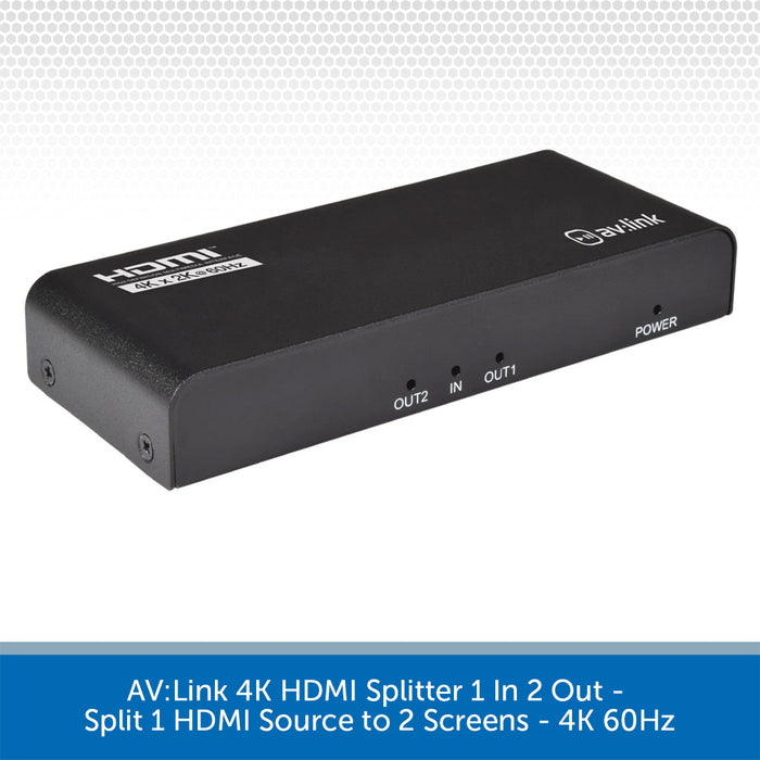 AV-Link 4K HDMI splitter box shown at an angle on a white background with a gray patterned header and a blue text banner at the bottom.