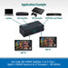 Application example diagram showing a black AV:Link 4K HDMI splitter connected to a laptop, set-top box, HD console, DVD Blu-ray player, and two HD TVs with split HDMI source and 2K 60Hz output.