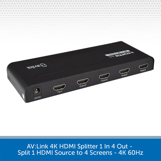 AV:Link 4K HDMI splitter shown at an angle, featuring one input HDMI port and four output HDMI ports on a white background with a blue text banner at the bottom.