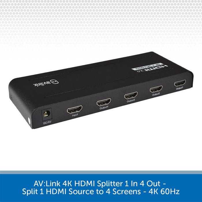 AV:Link 4K HDMI splitter shown at an angle, featuring one input HDMI port and four output HDMI ports on a white background with a blue text banner at the bottom.