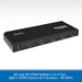 AV:Link 4K HDMI splitter shown at an angle, featuring one input HDMI port and four output HDMI ports on a white background with a blue text banner at the bottom.