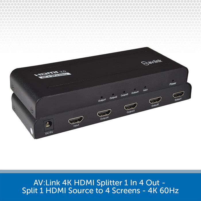 AV:Link 4K HDMI splitter shown in a clean studio-style product shot on a white background with a blue text banner at the bottom. The black rectangular device has one HDMI input port and four HDMI output ports, with labels for Output, Output, Output, Input, HDMI, and Power.