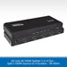 AV:Link 4K HDMI splitter shown in a clean studio-style product shot on a white background with a blue text banner at the bottom. The black rectangular device has one HDMI input port and four HDMI output ports, with labels for Output, Output, Output, Input, HDMI, and Power.